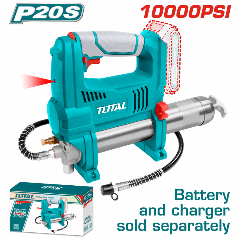 Pistola de engrase Inalámbrica 20V. Long. 30". Capacidad: 16oz. Batería y cargador por separado.