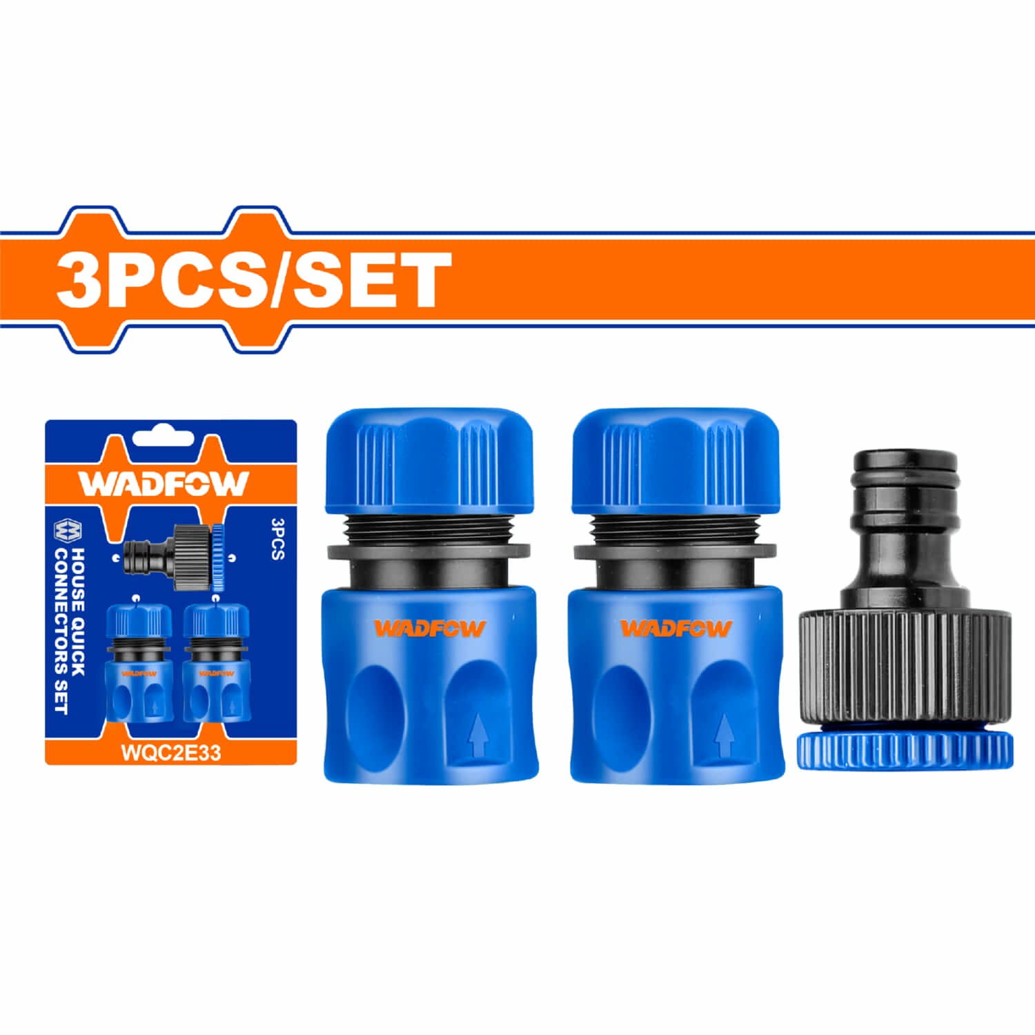 Conectores rápidos de manguera 1/2" y 3/4" . Set de 3 piezas. Incluye conectores, adaptadores y reductor.