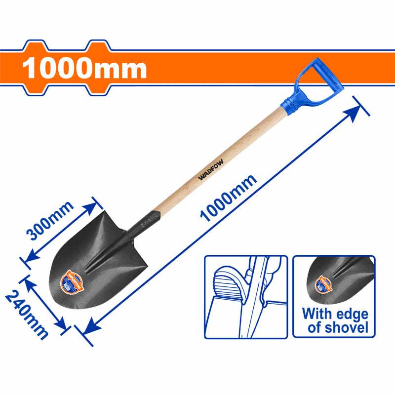Pala de Punta Redonda con Mango de Madera Long.1000mm. Acero al Carbono. 240mm x 300mm.
