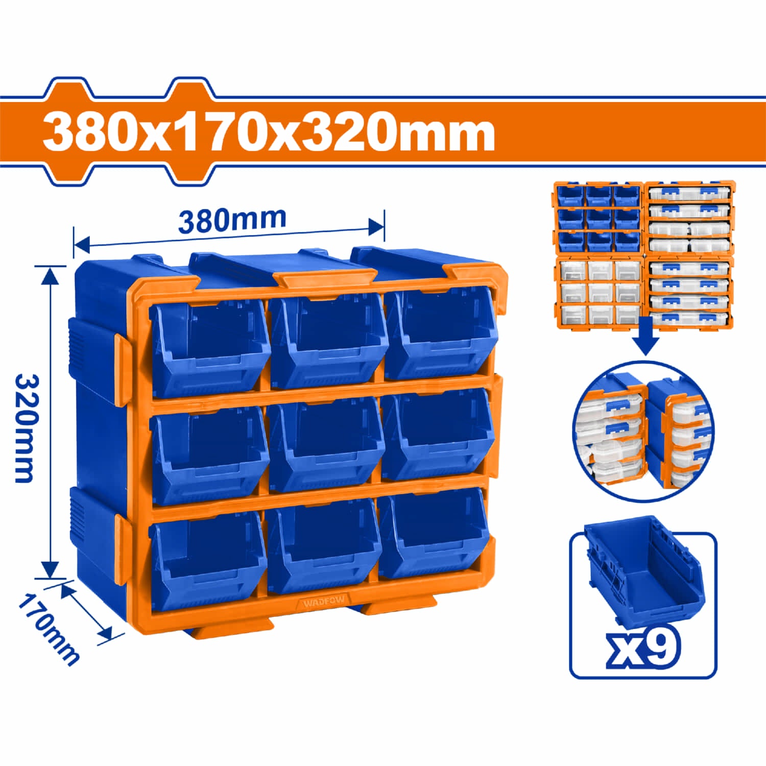 Cajas de plastico Organizador modular tipo torre. 380x170x320mm. Set de 9 piezas. Se une vertical u horizontal. Apilables