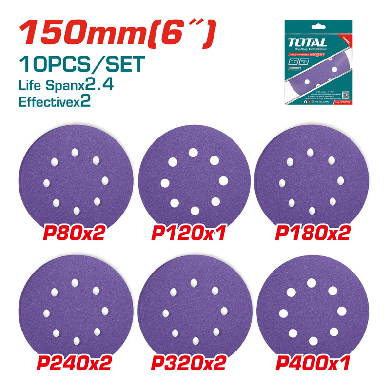 Juego profesional de 10 Discos de Lija para Lijadora de 6" 150mm. P80x2 P120x1 P180x2 P240x2 P320x2