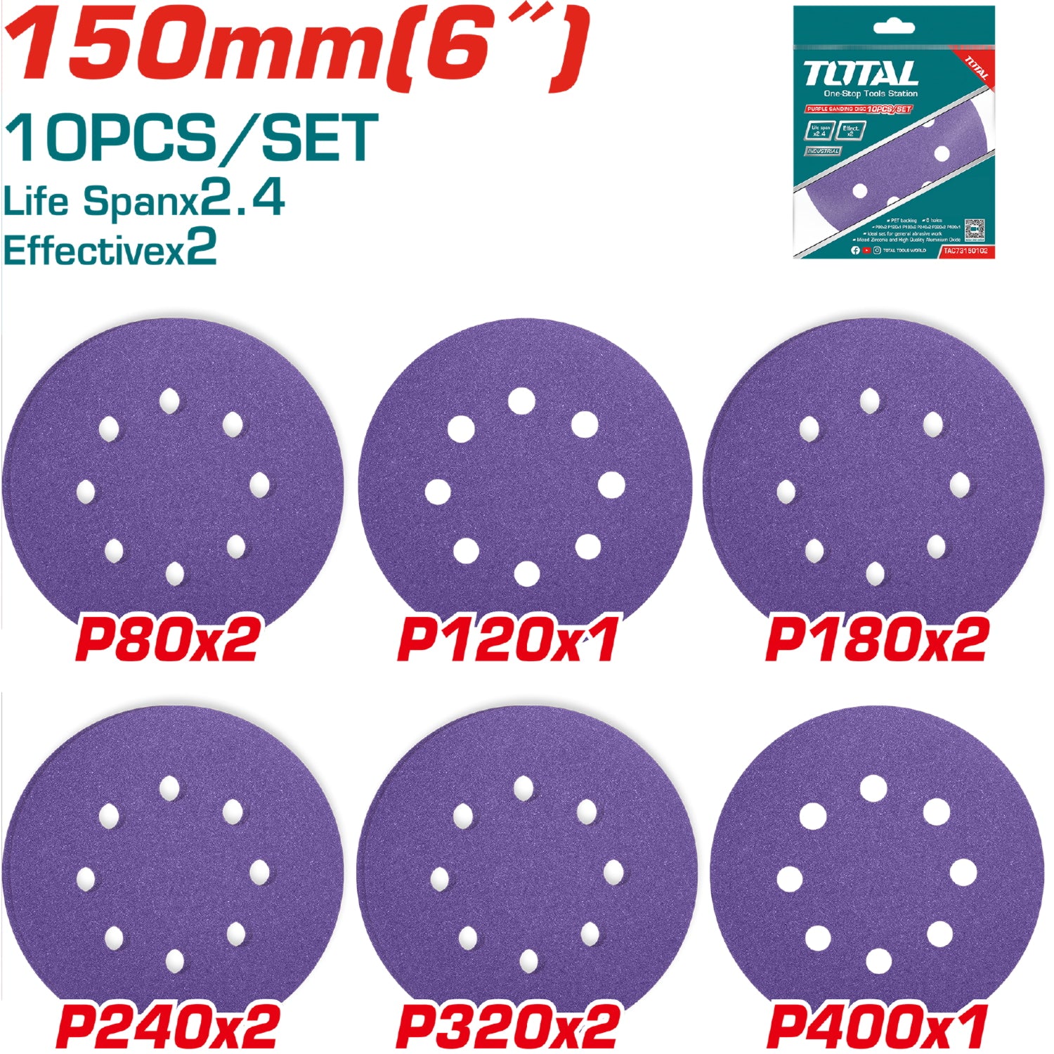 Juego profesional de 10 Discos de Lija para Lijadora de 6" 150mm. P80x2 P120x1 P180x2 P240x2 P320x2