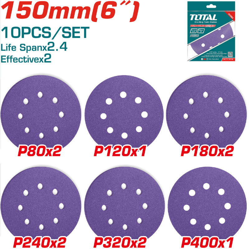 Juego profesional de 10 Discos de Lija para Lijadora de 6" 150mm. P80x2 P120x1 P180x2 P240x2 P320x2