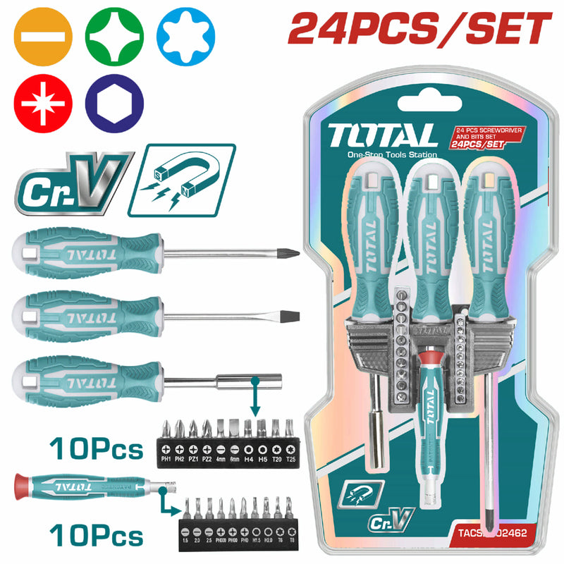 Juego de 24 piezas de destornilladores y puntas.