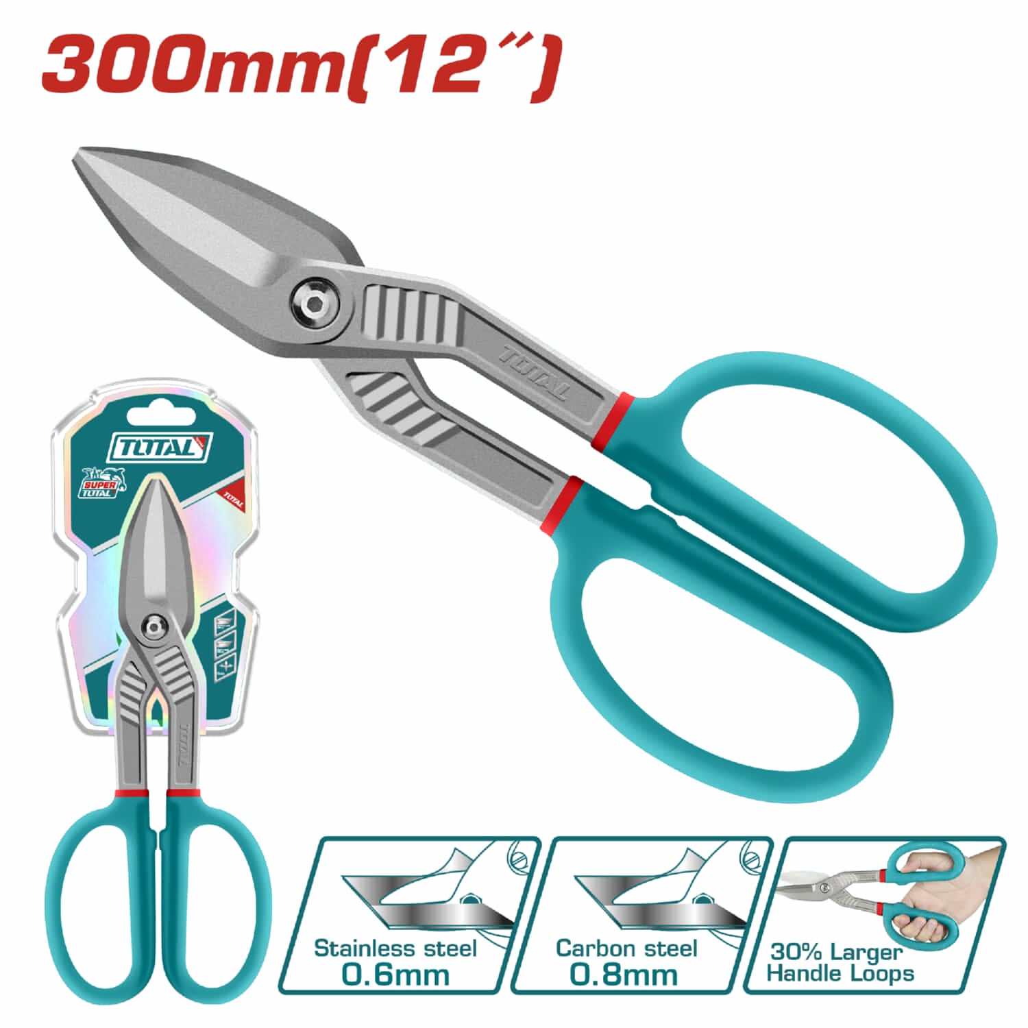 Tijera de hojalatería de 12". Acero forjado con mango de doble agarre.