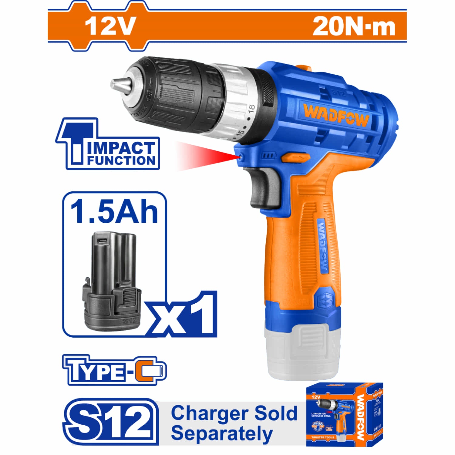 Taladro drill  Inalámbrico Función Impacto 12V.  3/8" 0.8-10mm. 0-400 / 0-1500rpm. 20NM. Cargador por separado.