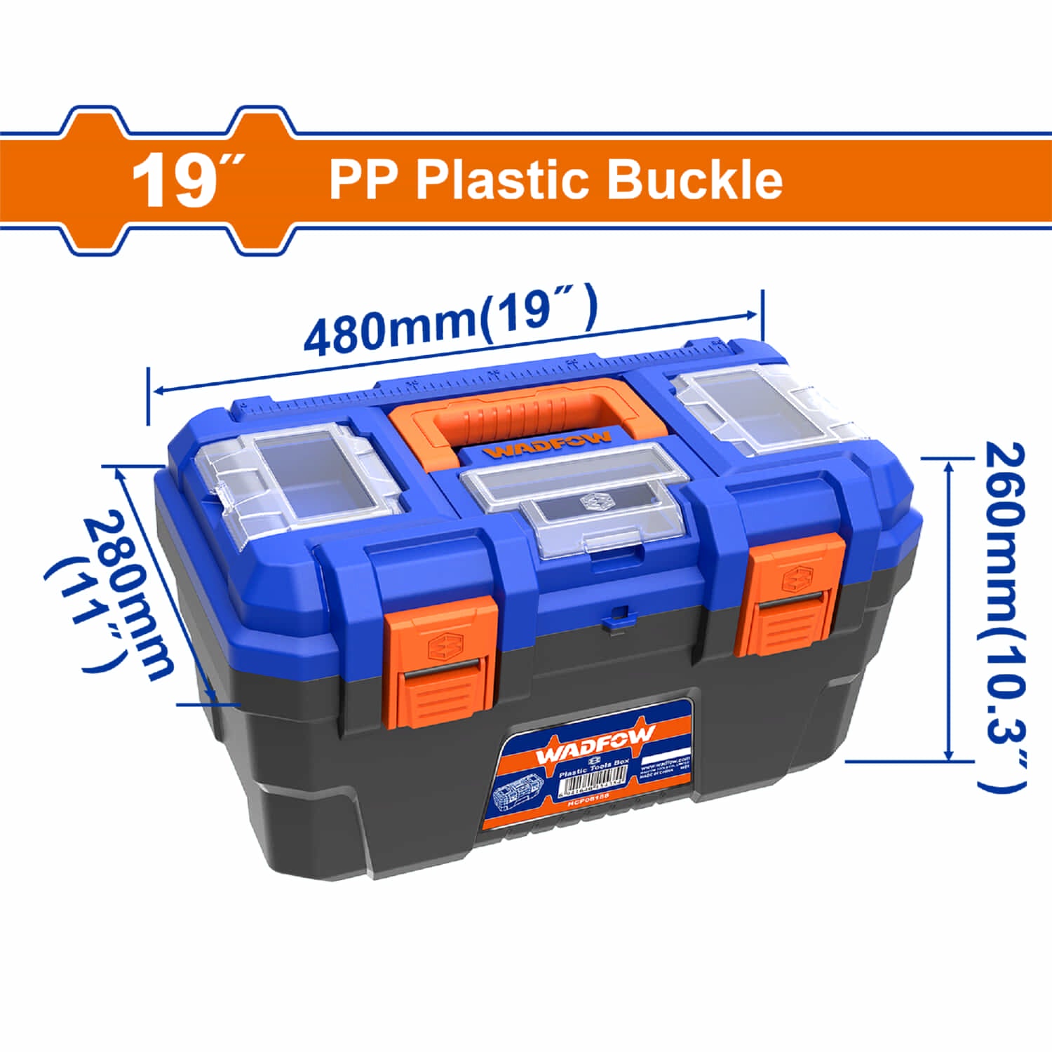 Caja de Herramientas de Plástico 19" 480mm(19")x280mm(11")x260mm(10.3") Carga Máx: 18Kg.