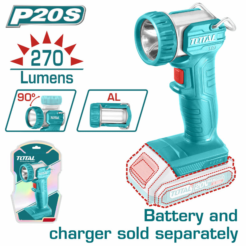 Lámpara linterna de Trabajo Inalámbrica de Litio 20V. 270 Lumens. No incluye cargador ni batería.