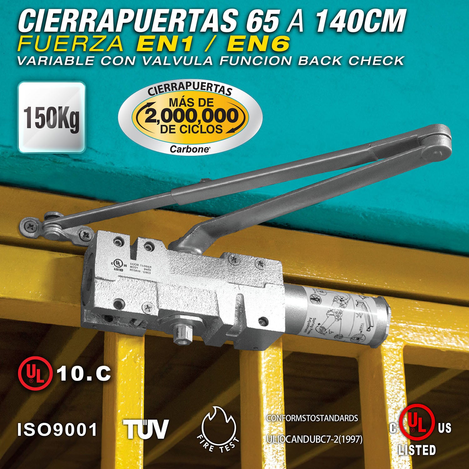 Cierrapuertas para 65a140cm(15~150kg).Fuerza EN1~EN6 variable con valv.Funcion back check(12años)