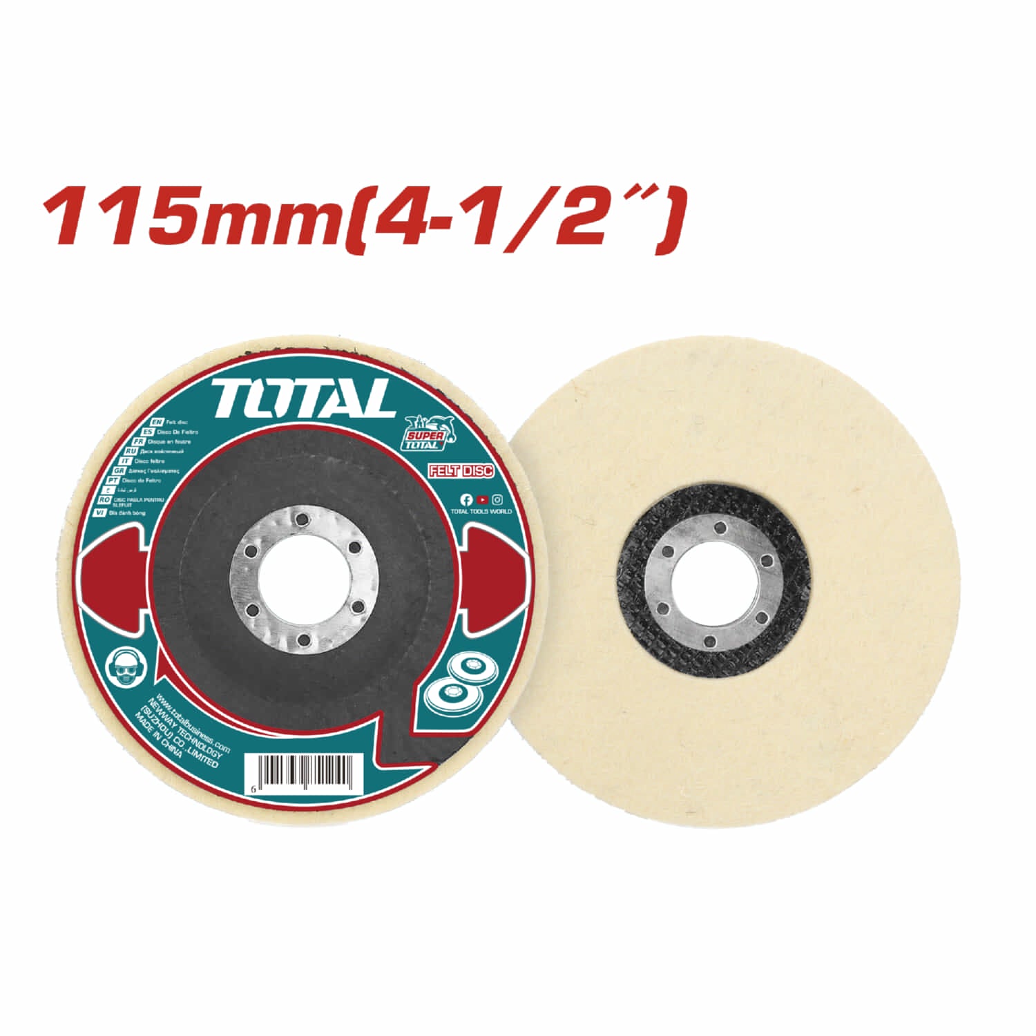 Disco de lana felpa 4/1/2" para pulir acero inox, madera, vidrio, mármol, autos, cemento