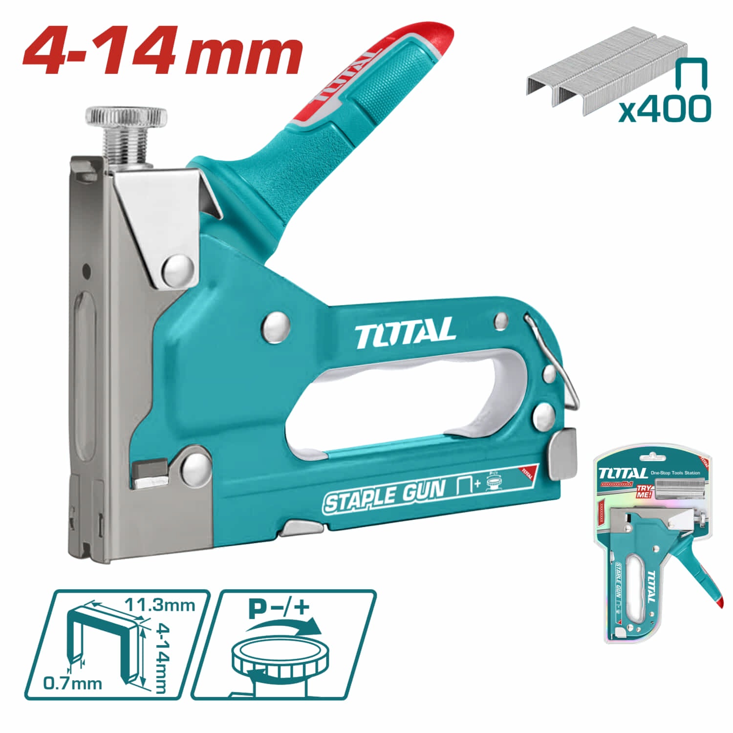 Grapadora industrial con fuerza ajustable, Grapas (11.3mm) largos 4-14mm.