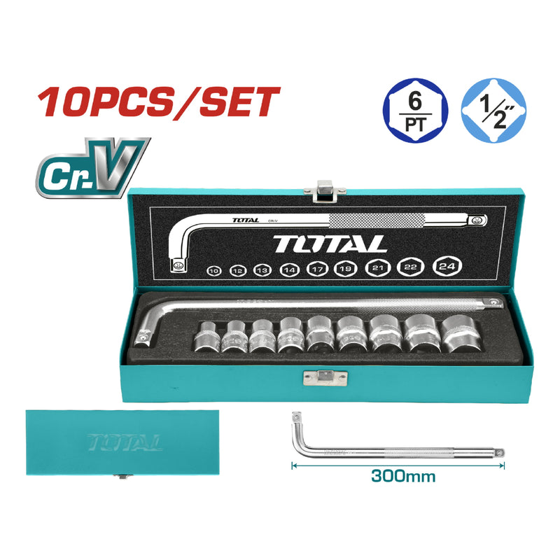 Juego de dados Socket de 1/2" de 10 piezas.Cr-V. (50 BV 0). Cromado de Tratamiento Termico.
