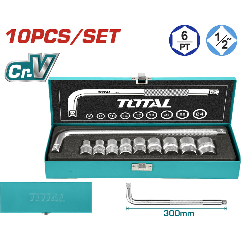 Juego de dados Socket de 1/2" de 10 piezas.Cr-V. (50 BV 0). Cromado de Tratamiento Termico.