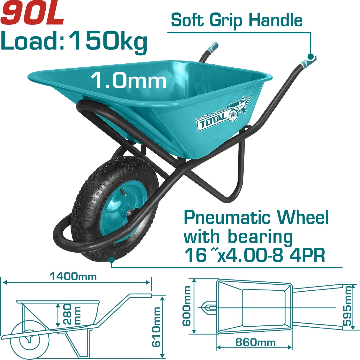 Carretilla de Construccion para 150 Kg. Capacidad de Liquido: 90 L. Capacidad Arena: 6 Pies Cubicos