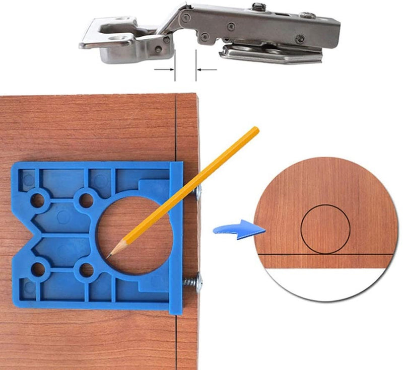 Set de plantilla y broca de perforación para instalación de bisagras