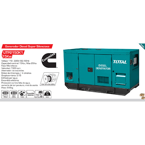 Generador Diesel Rated: 15kw, Super Silencioso Rated: 15kw. Max 20Kw. 110/220 60htzMonofasico. Motor