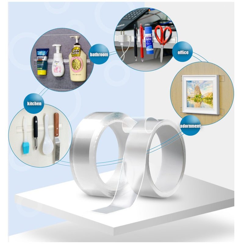 Cinta adhesiva doble contacto, nano-adhesiva, lavable y reutilizable. Tamaño 3cm x 3 Metros