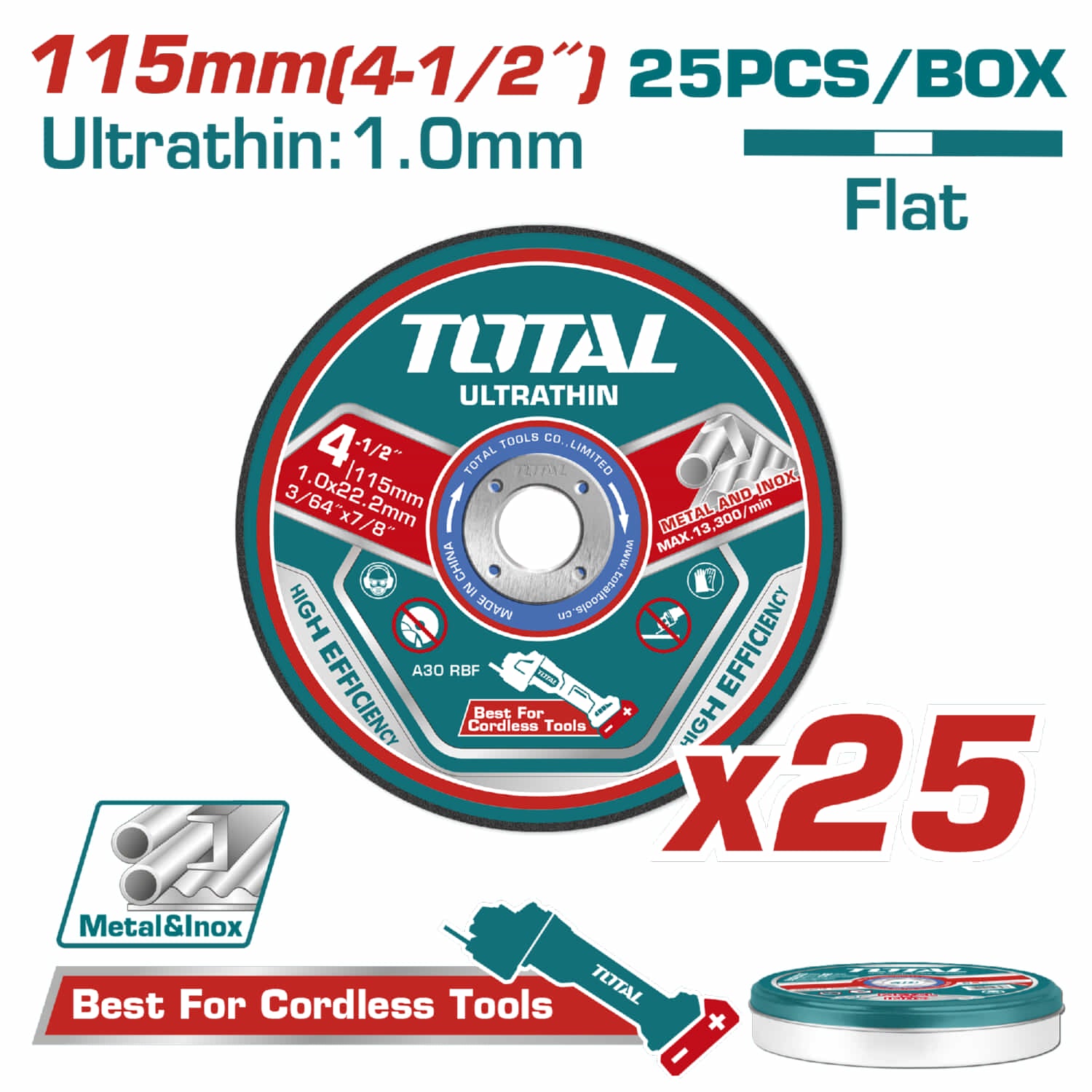 Discos de corte de metal ultrafino 4 1/2" x 3/64" x 7/8" Centro Plano. Set 25 pzas.