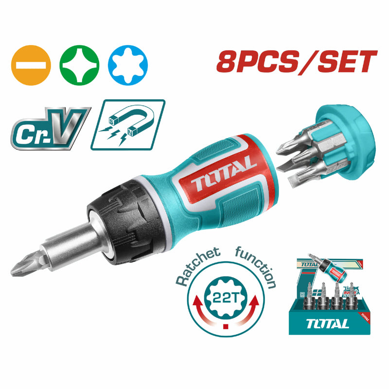 Destornillador Ratchet 8 pzs. (Mango ergonómico.25 mm. SL5,SL6,PH0,PH1,PH2,T10,T20)