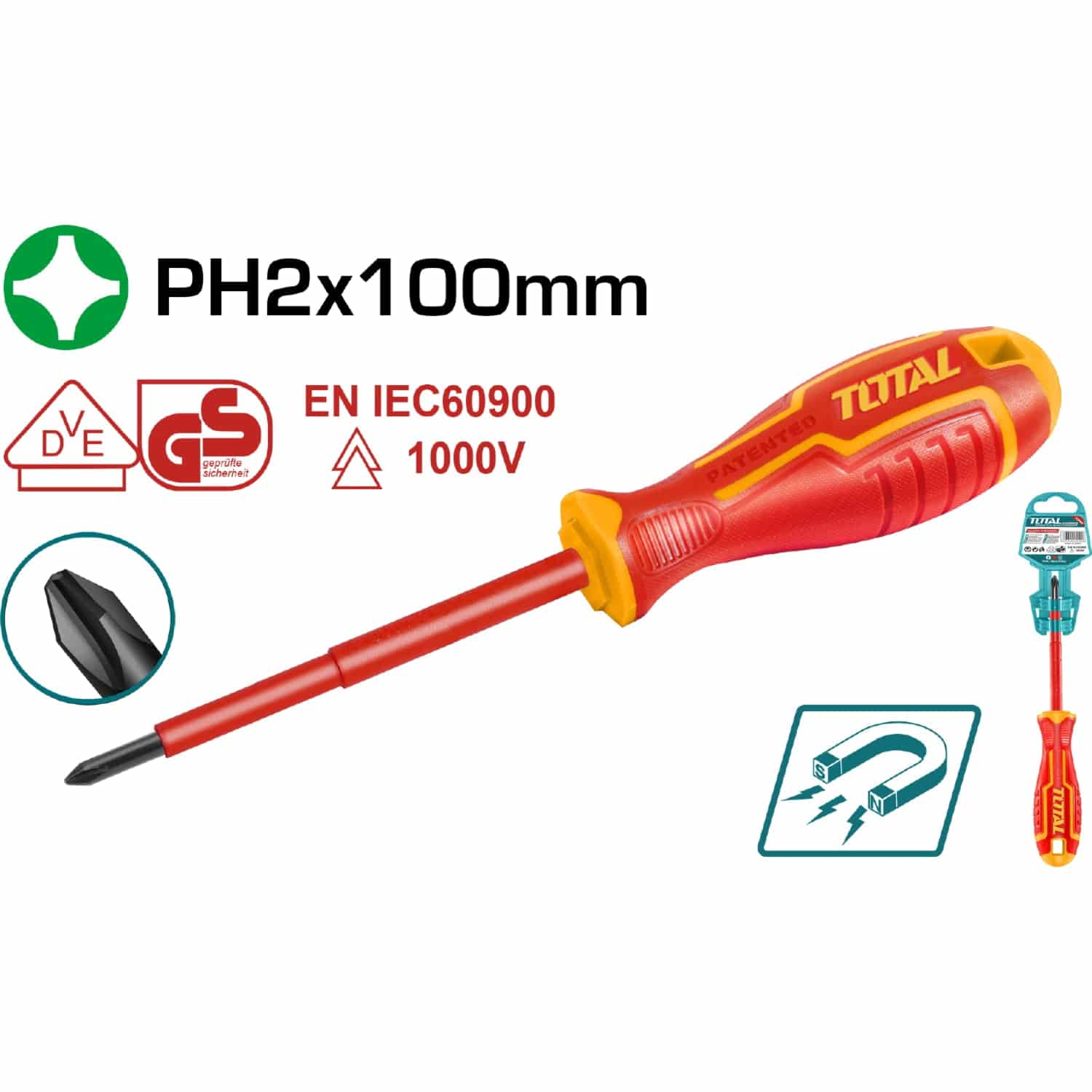 Destornillador Insulado De Estrella PH2 Mm. Largo 100 Mm. Cr-V. 1000Volts. Certificado VDE