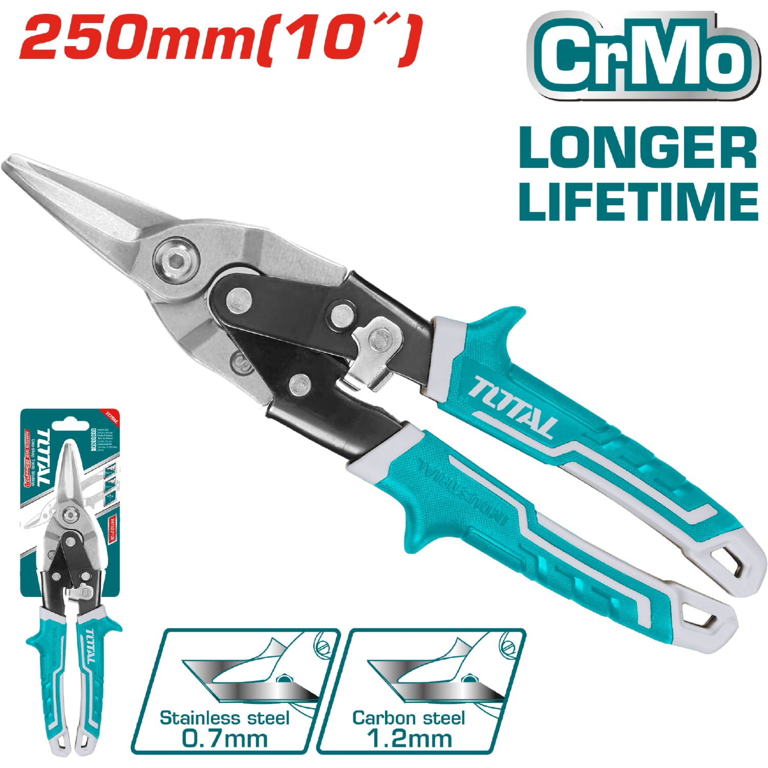 Tijera de Aviacion de 250 mm (10") Recta. CrMo. Espesor máx. De corte: Acero al carbono ≤ 1.2 mm.