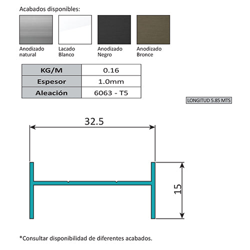 Marco H para Louver Z de32.5x15mm. Espesor 1.0 mm. Largo 5.85 mts. Acabado Anodizado Silver 15 Micro