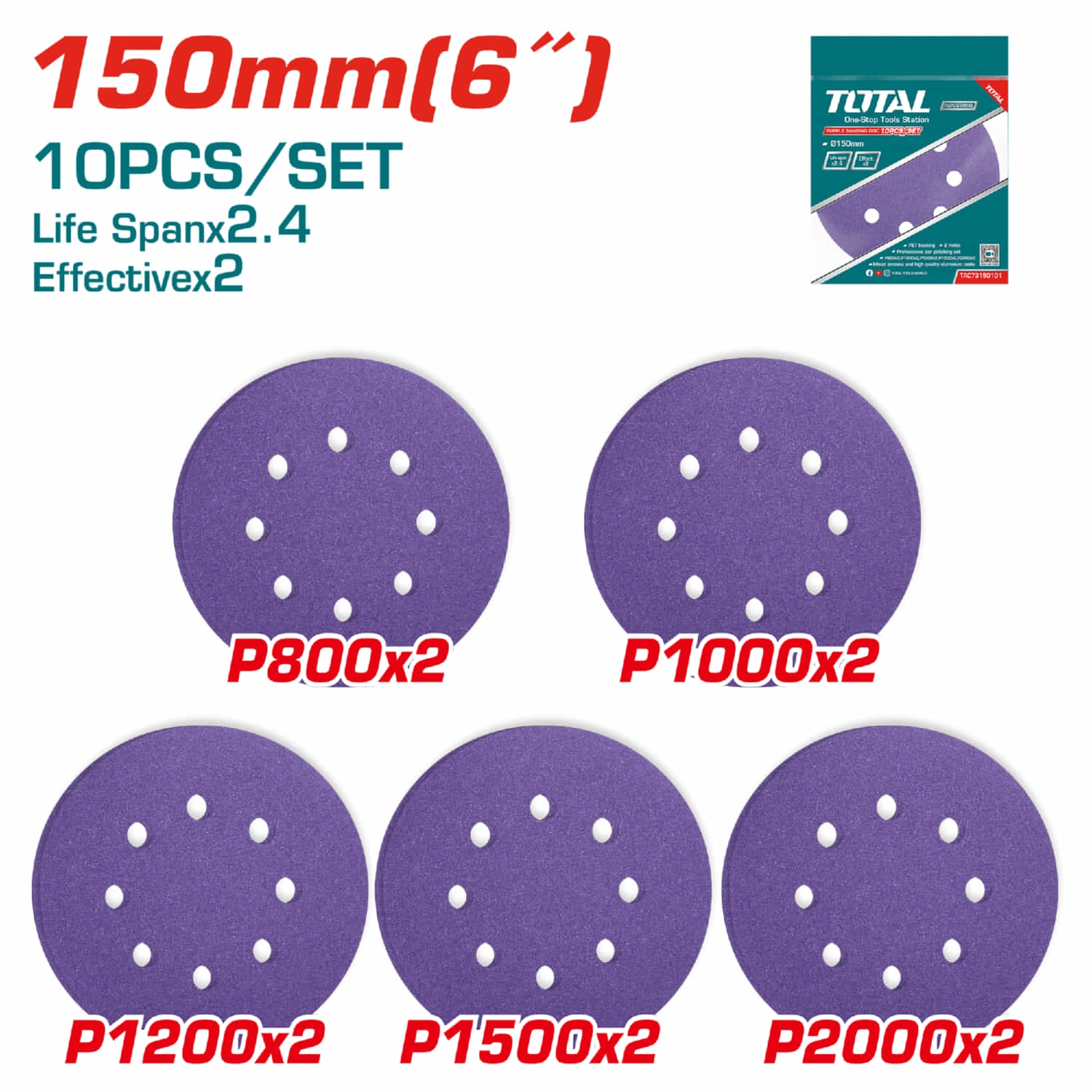 Juego de 10 Discos de Lija para Lijadora de 6" 150mm. P800x2 P1000x2 P1200x2 P1500x2 P2000x2.