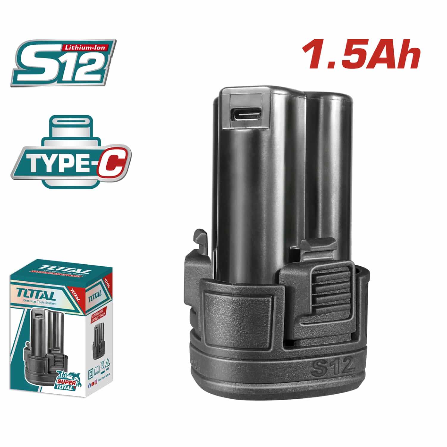 Bateria 12V Litio 1.5 Ah. Compatible con múltiples Herramientas. Puerto de carga: USB-C