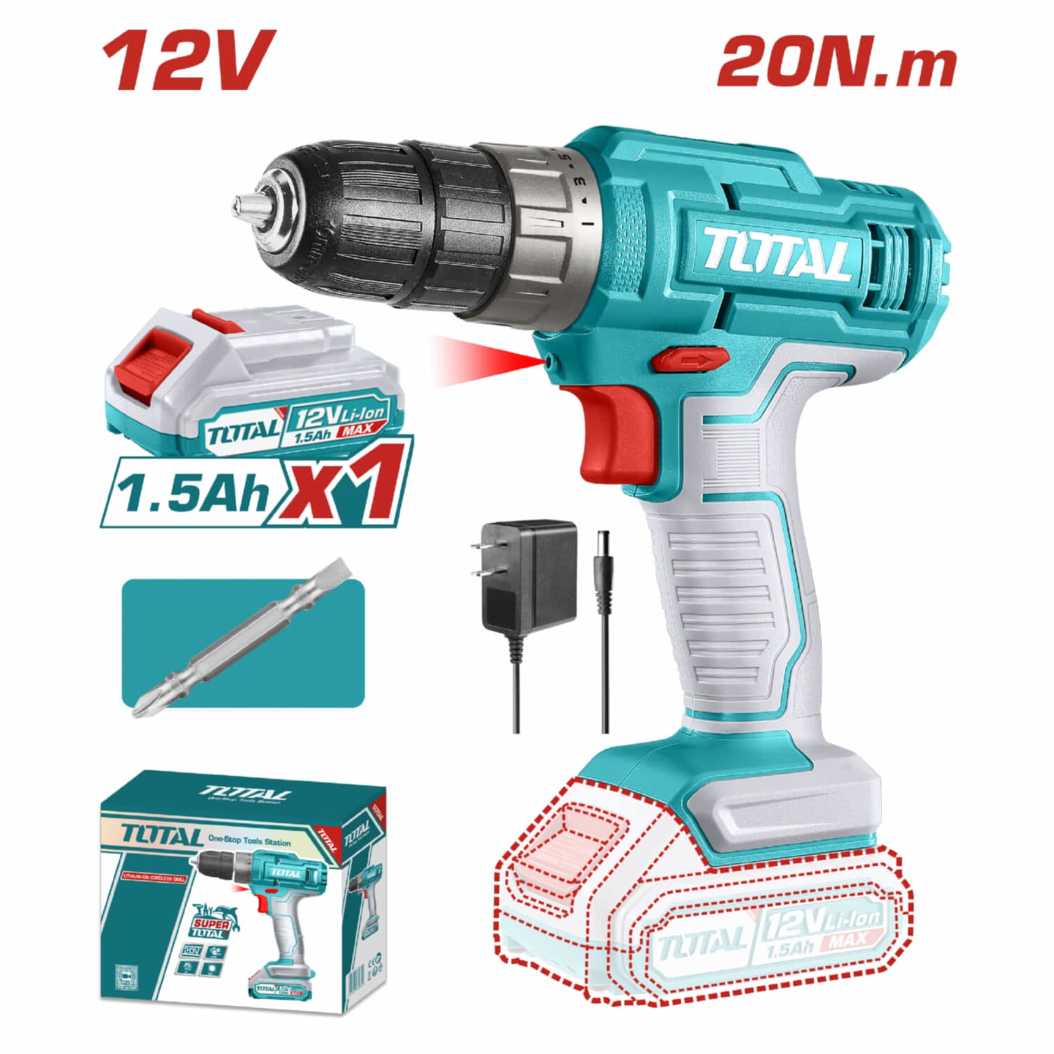 Drill Taladro inalámbrico de 12V 3/8" 20Nm. 0-750rpm. Torque: 15+1 Incluye cargador y batería. Super Total