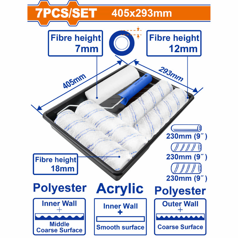 Rodillo para pintar 9" y bandeja para pintar 405x293mm. Paredes internas. Set 7 en 1.