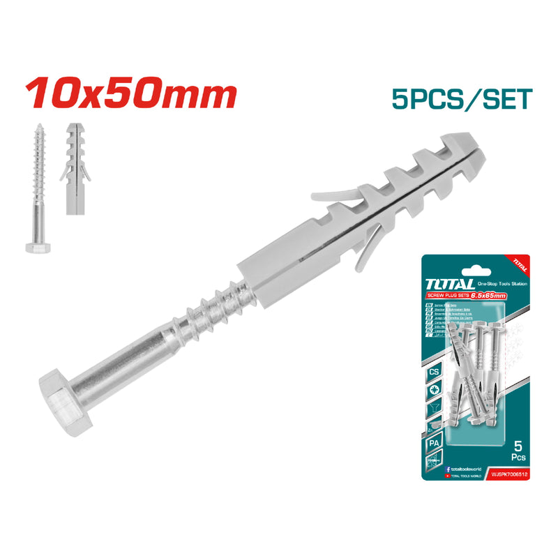 5 pza/ Juego tornillo  ST6.5x65mm cab hexagonal  y taco 10x50 mm . Galvanizado.