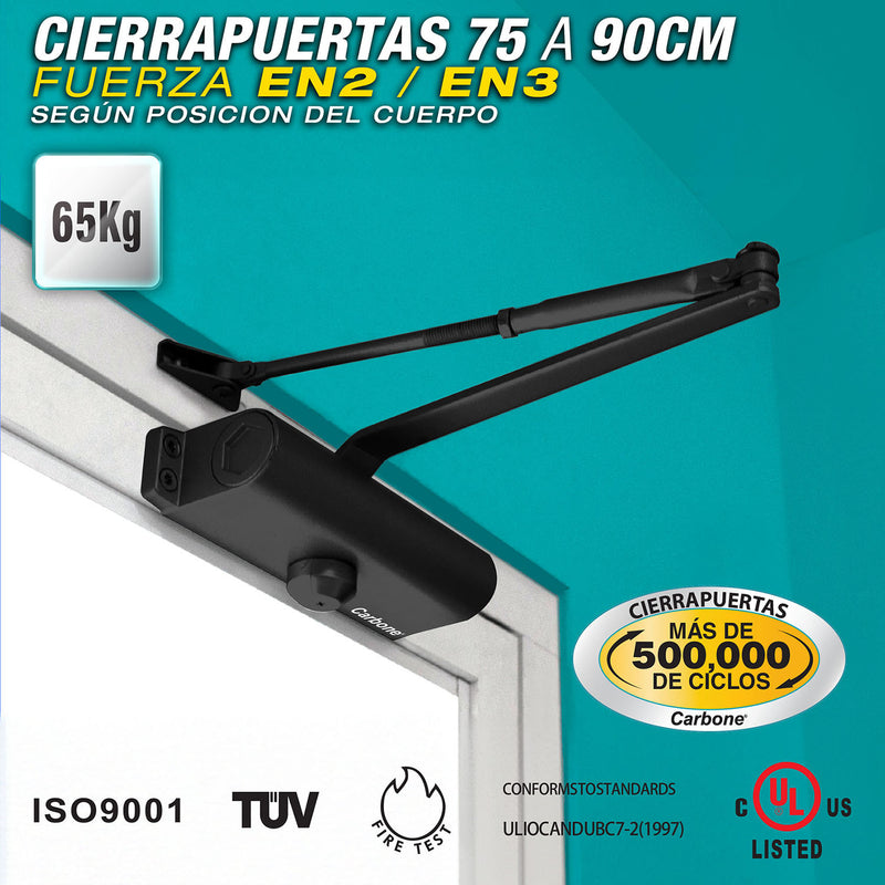 Cierrapuertas para 75 a 90 cm (65kg).Fuerza  EN2 o EN3  según posicion del cuerpo. Color Negro