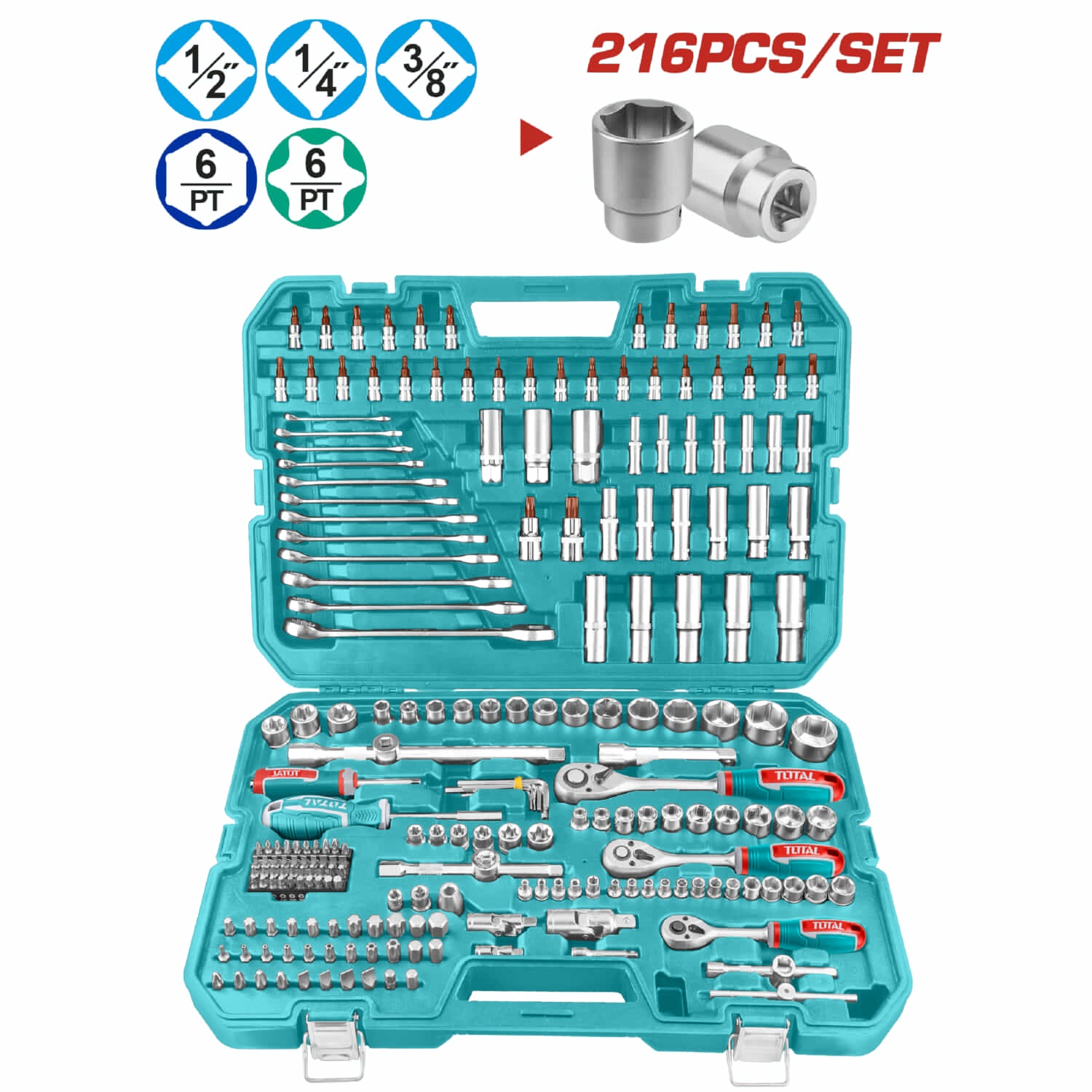 Sockets dados ratched 216 piezas variadas en maletín. (Llaves, barras, adaptador, mangos) en juego kit 1/4", 3/8" y 1/2"
