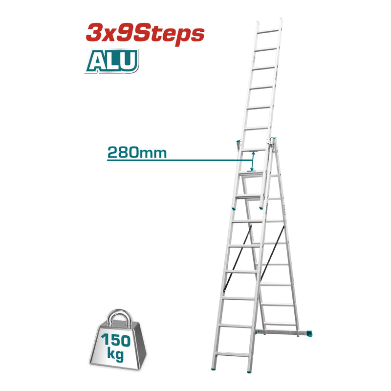 Escalera de Tijera Extensible desde 10 a 20 pies altura  3x9 peldaños. Resistencia 150 kg (330 lbs)
