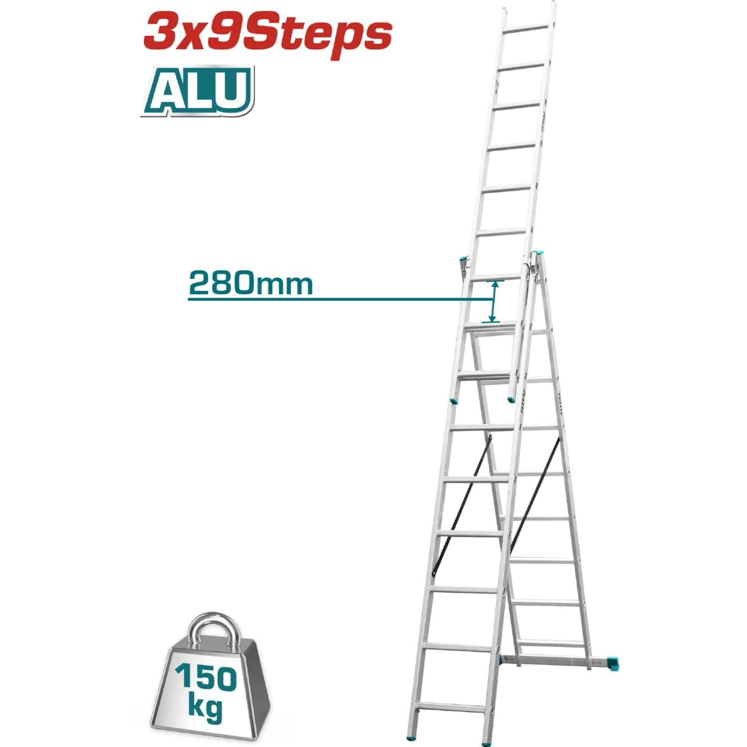 Escalera De Tijera Extensible Desde 10 A 20 Pies Altura  3X9 Peldaños. Resistencia 150 Kg (330 Lbs)