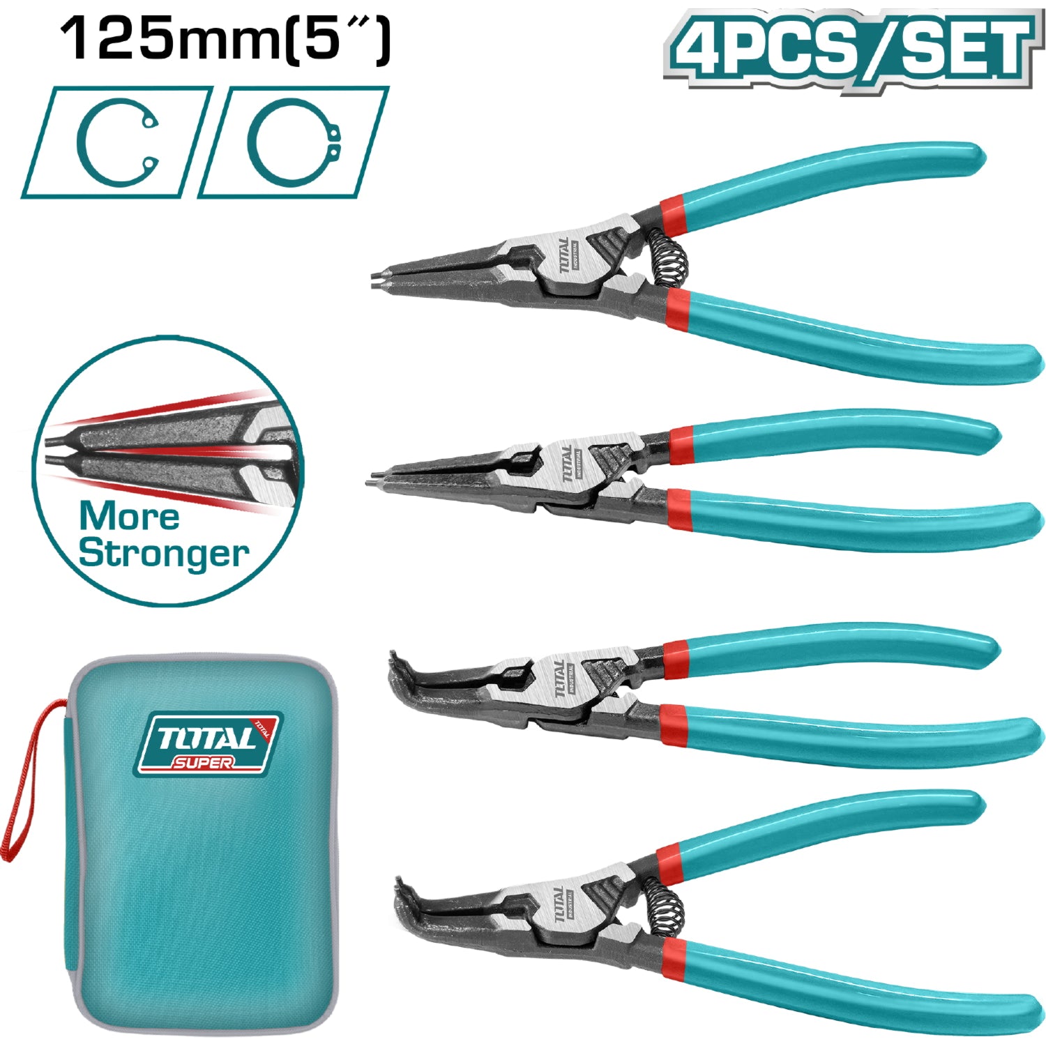 Juego de Alicates para Anillos de Retencion de 5"/125 mm de 4 piezas. Diametro: 1.8 mm.