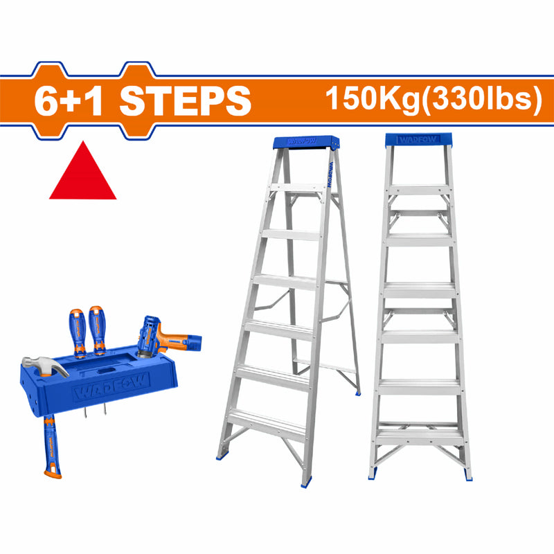 Escalera de tijera aluminio 6 pasos. Altura de cada paso: 252mm. Carga máxima: 150kg
