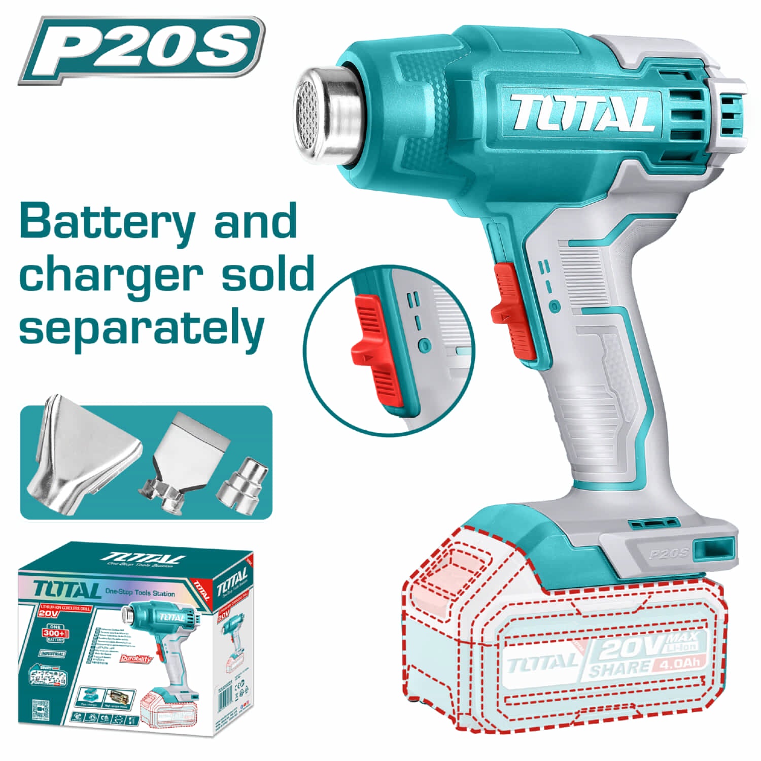 Pistola de calor Inalámbrica. 20V. 300/550°C. Batería y cargador por separado.