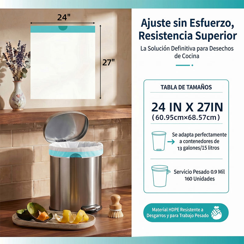 Bolsas de Basura para Cocina Aromatizadas 13 Galones (49L) con Cordón Ajustable (160 Unds). Cartuchos para Desechos Flexibles (62x68 cm) Color Blanco