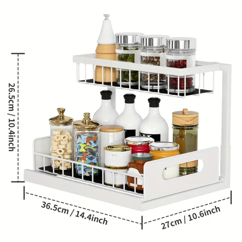 Organizador de dos niveles con cajón deslizante. Color blanco. Estante de almacenamiento ideal para cocina o baño.