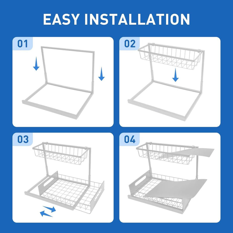 Organizador de dos niveles con cajón deslizante. Color blanco. Estante de almacenamiento ideal para cocina o baño.