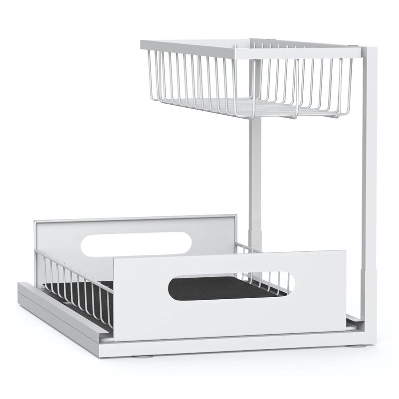 Organizador de dos niveles con cajón deslizante. Color blanco. Estante de almacenamiento ideal para cocina o baño.