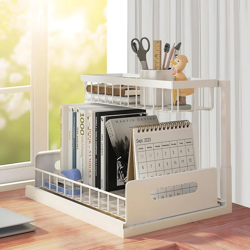 Organizador de dos niveles con cajón deslizante. Color blanco. Estante de almacenamiento ideal para cocina o baño.