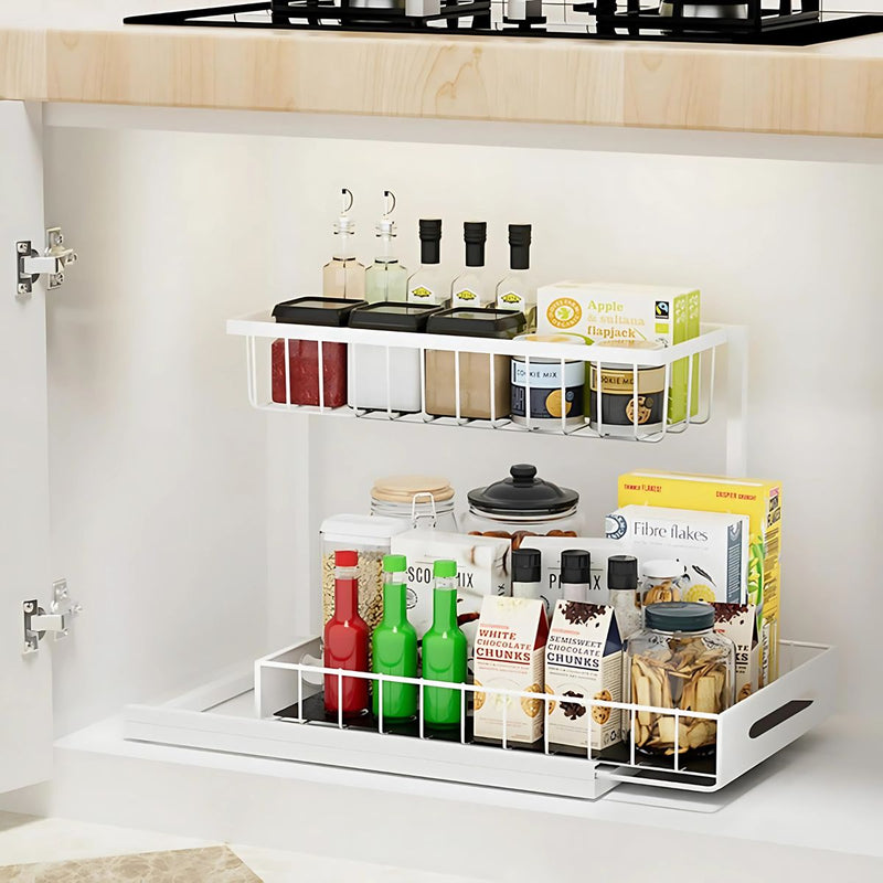 Organizador de dos niveles con cajón deslizante. Color blanco. Estante de almacenamiento ideal para cocina o baño.