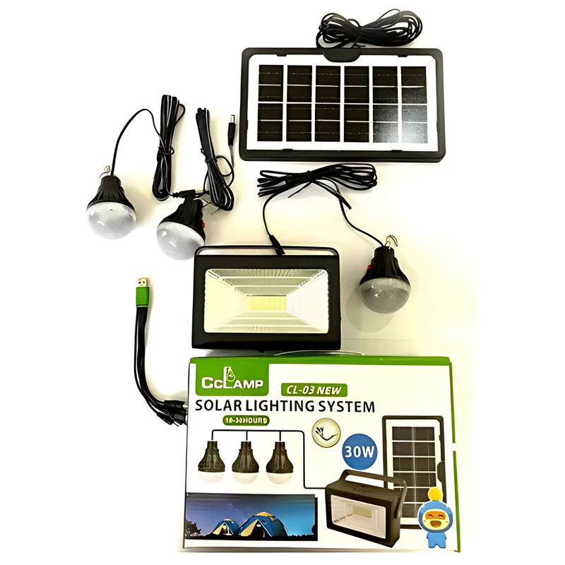 Reflector solar LED portátil con bombillos 30W. Estación de energía solar multifuncional. Power bank con batería de respaldo.