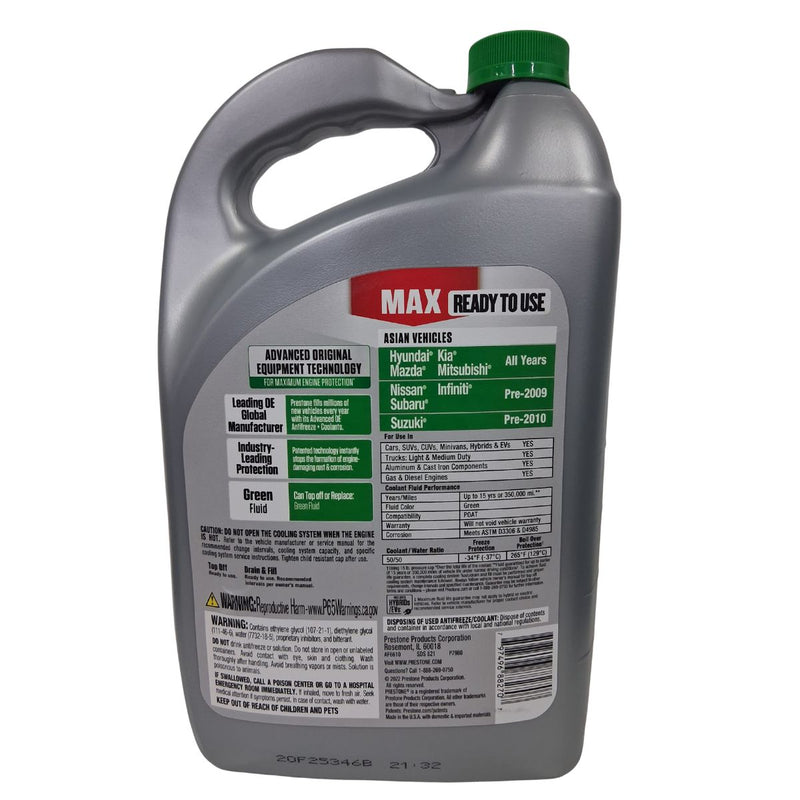 Coolant Prestone Asian Verde 50/50 MAX 1 GL para autos asiáticos.