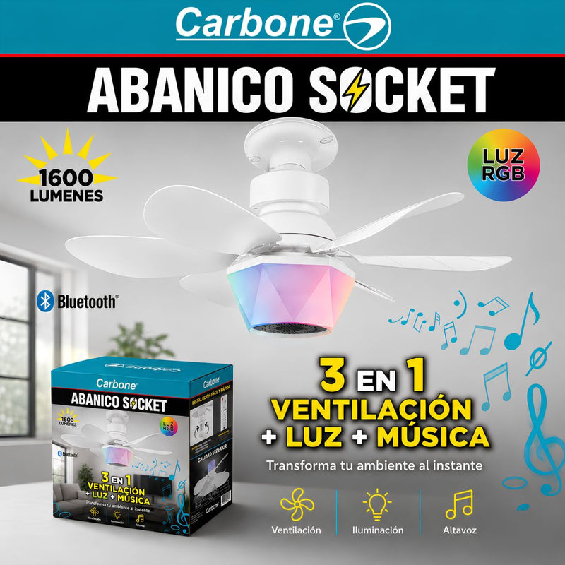 Abanico De Techo 20” Con Socket E27, Luz LED RGB Y 3 Tonos, Bocina Bluetooth. Ventilador Con 6 Aspas, 1600 Lúmenes Y Control Remoto. Color blanco.