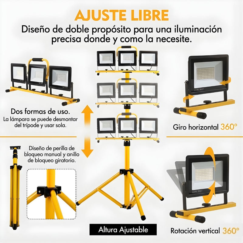 Reflector de Pedestal LED 21000 Lúmenes. Trípode Ajustable. Torre de Iluminación  3 Focos 50W. Altura 2 mts