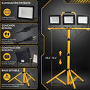 Reflector de Pedestal LED 21000 Lúmenes. Trípode Ajustable. Torre de Iluminación  3 Focos 50W. Altura 2 mts