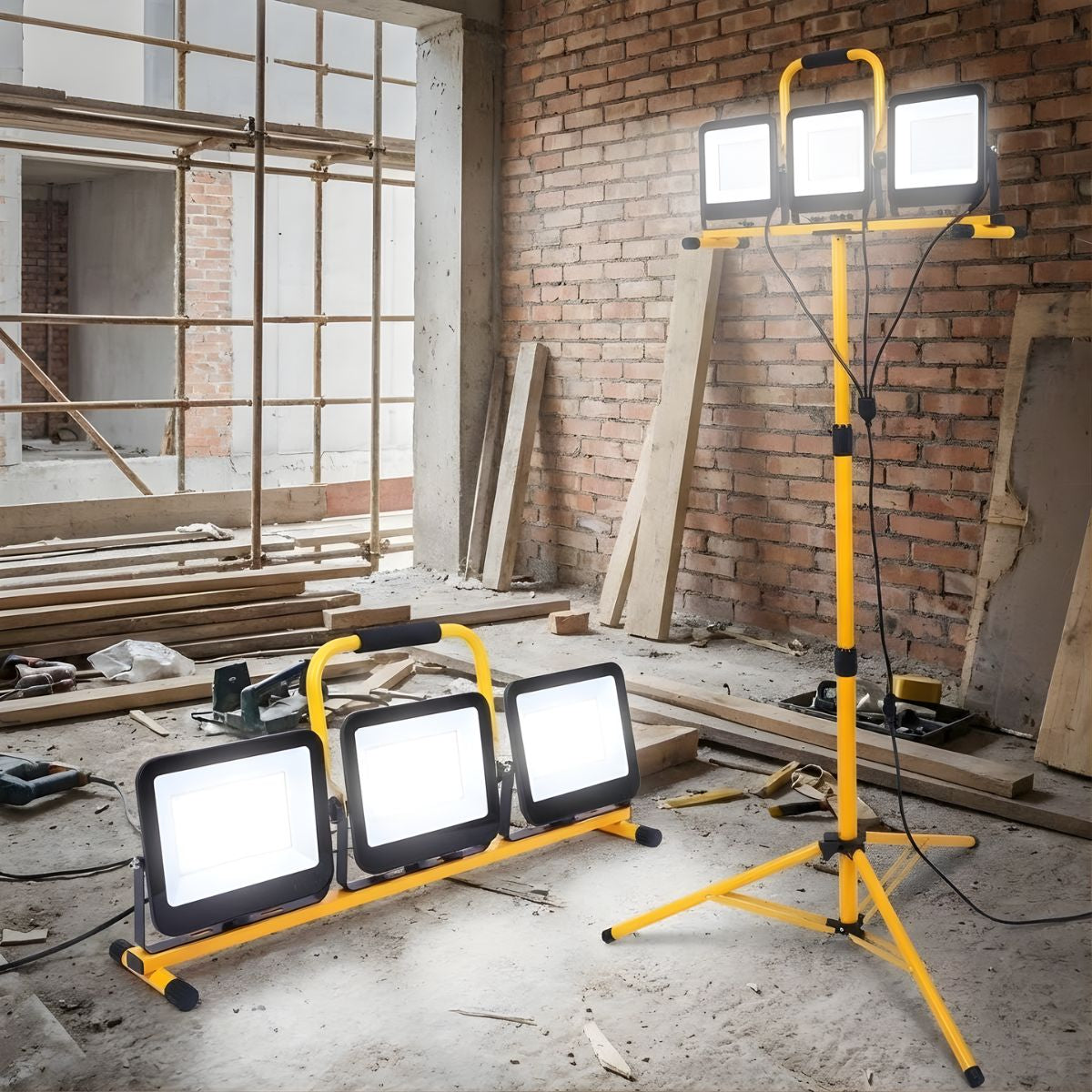 Reflector de Pedestal LED 21000 Lúmenes. Trípode Ajustable. Torre de Iluminación  3 Focos 50W. Altura 2 mts